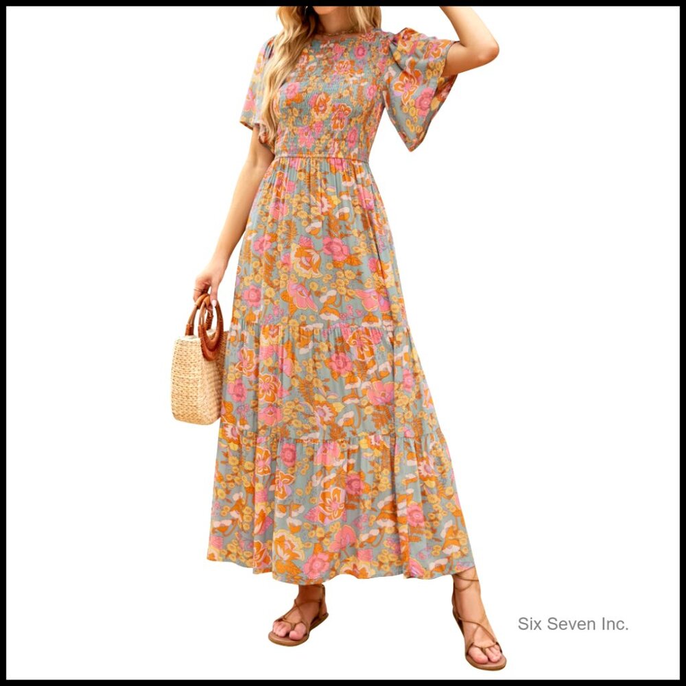 Floral Print Short Flutter Sleeve Smocked Maxi Dress